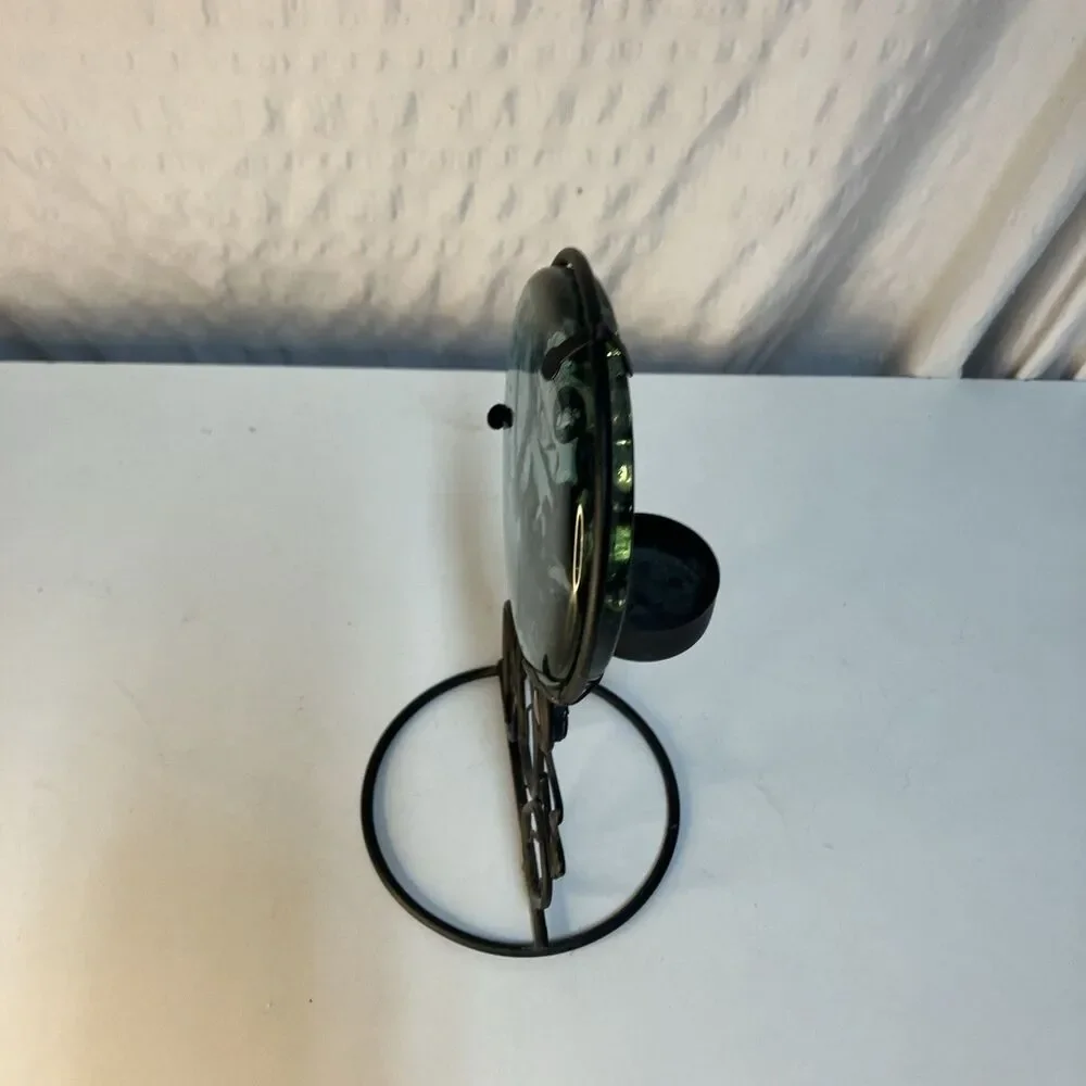 VTG 90’s Green Round Glass Metal Frame Frog Themed Votive Candle Holder 9”